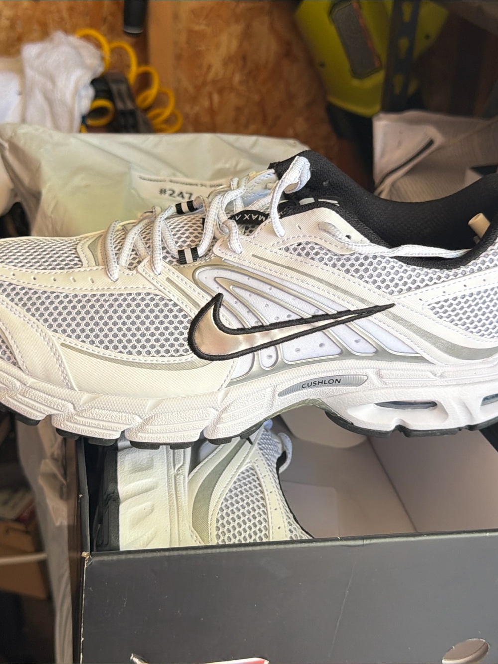 Nike White and Black Cushlon Men’s Sneakers with Metallic Swoosh